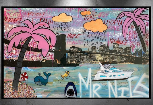 Is this utopia? A fantasy? Or reality? “It’s a different Paradise,” says this piece of custom art by Mr. Nice. On 33” x 49” wooden canvas. Acrylic paint, spray paint, chalk, sprinkles, mixed media finished in resin. Mocked up in a black floating frame.