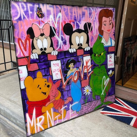 Missing your buddies? Maybe it's time for a "Gang Check." This piece of custom art by Mr. Nice was done on 40”x40” wooden canvas with acrylic paint, chalk, spray paint and finished in resin.